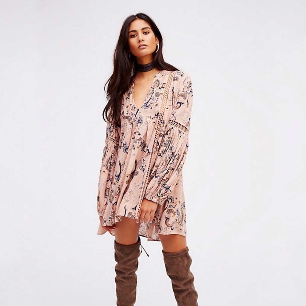 Free People Just The Two Of Us Peach Blue Floral Paisley Tunic Mini Dress Xs